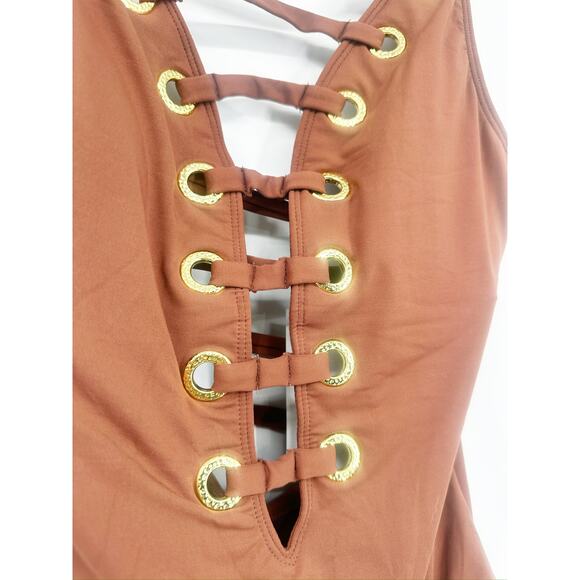 Bleu Rod Beattie Hole In One Plunge Strappy Lace Up Pecan One Piece Swimsuit NWT - Picture 4 of 8